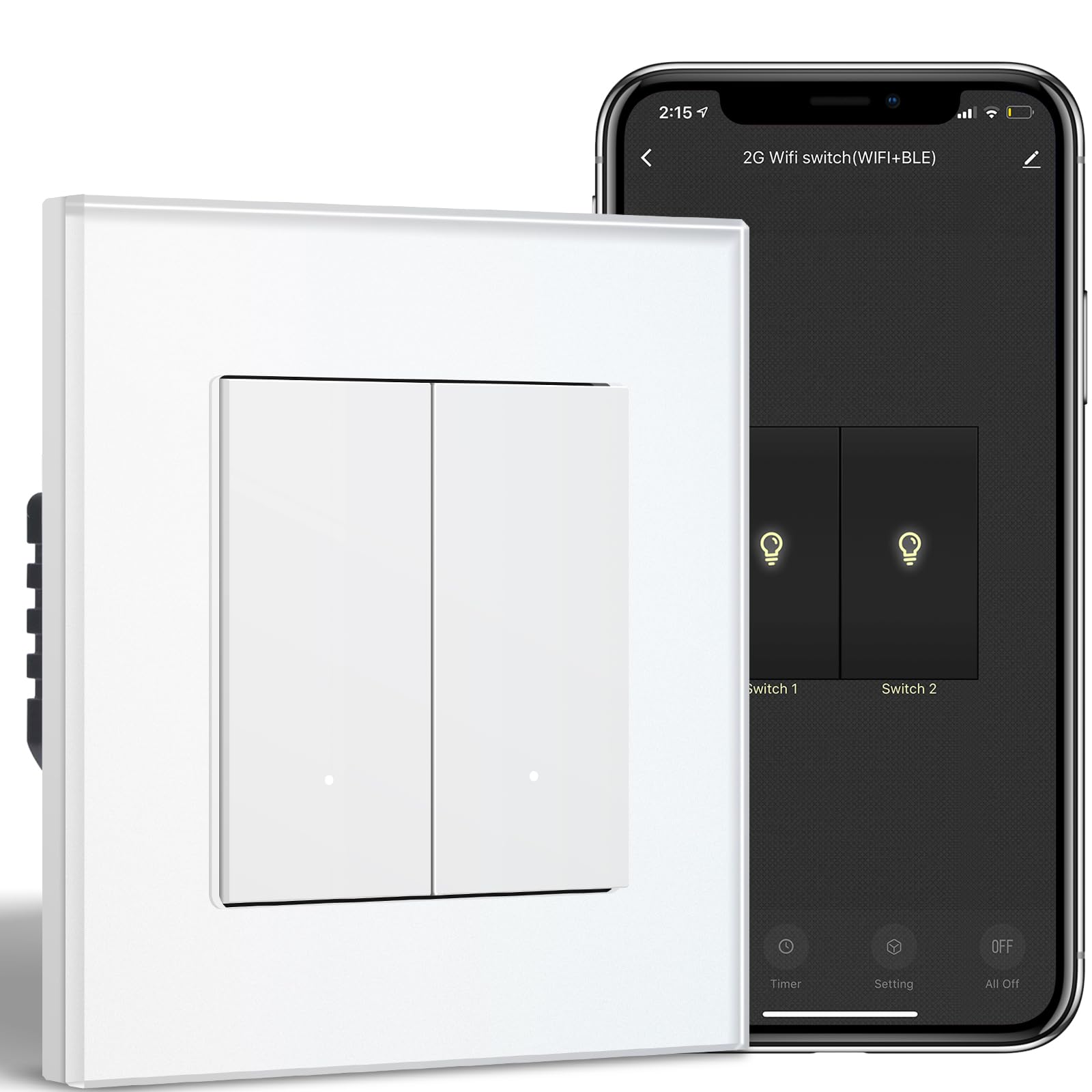 BSEEDLIFE Smart Light Switch,Intelligent WiFi Wall Switch for Smart Home,Compatible with Alexa,Google Home(via Tuya/Smart Life App),2 Gang 1 Way 86 * 86mm,White