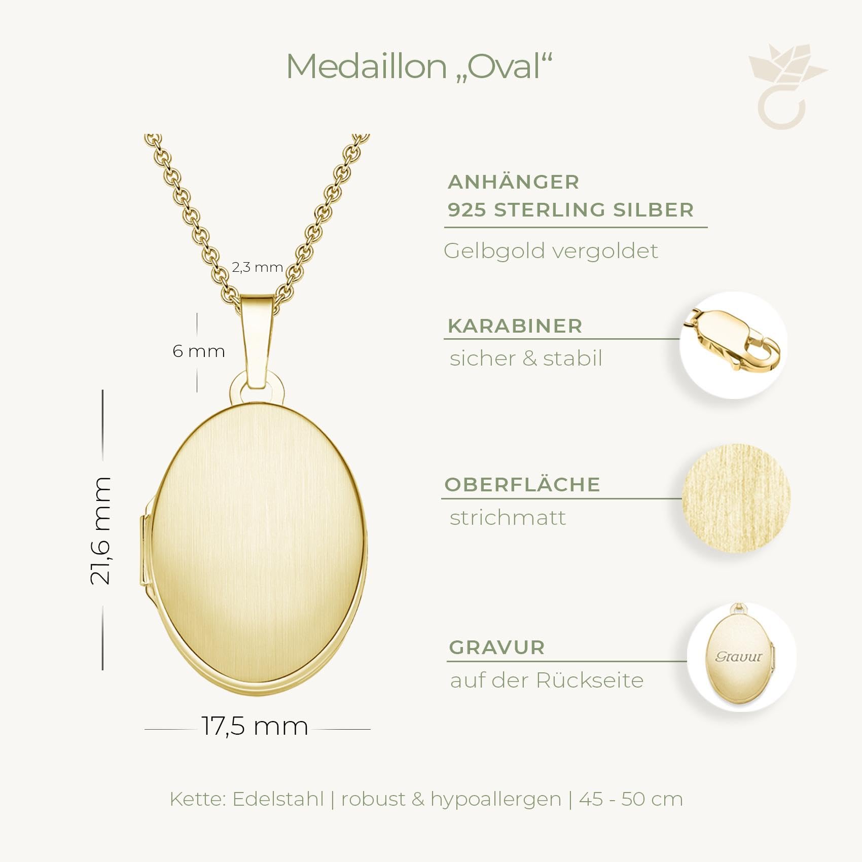 Damen Medaillon Oval zum Öffnen mit Bild Gold vergoldet, Amulett Anhänger | Medallion Aufklappbar, Kette personalisiert, Foto Upload-Service & Gravur