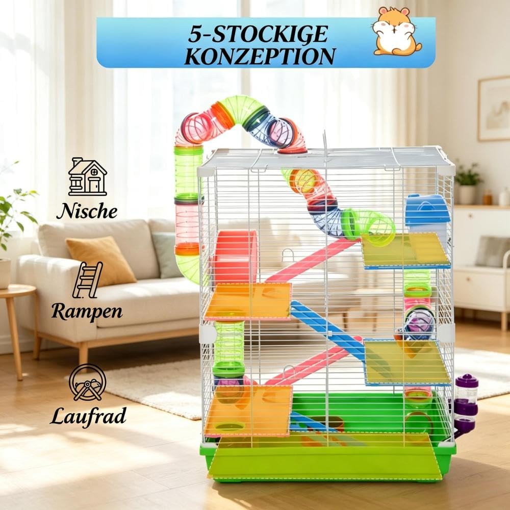 Grüner Hamsterkäfig aus Metall & PP, Mehrstöckiger Nagetierkäfig, Vertikaler Haustierkäfig mit komplettem Spielzubehör für kleine Nager