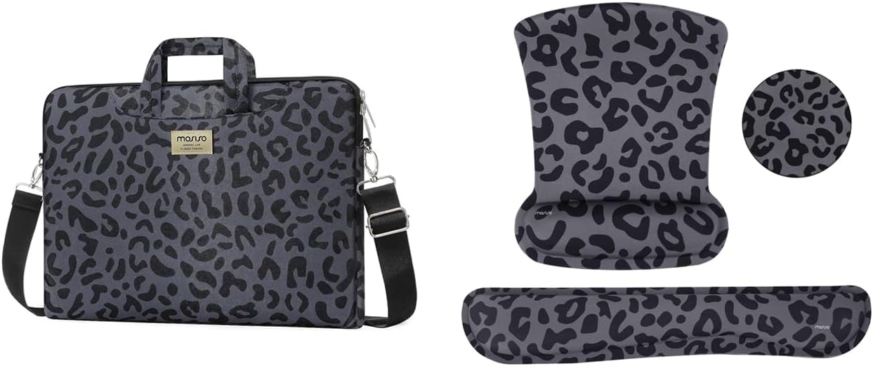MOSISO Leopard Grain Wrist Rest Support for Mouse Pad&Keyboard Set&Laptop Shoulder Bag Compatible with MacBook Air 15/Pro 16/Pro 15,15-15.6 inch Notebook,Leopard Grain Briefcase Sleeve with Belt,Black