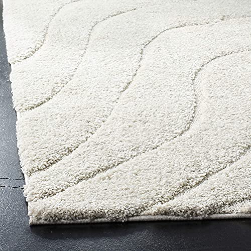 Image of Abstract Wavy Design Shaggy Rectangular Carpet For Living Room,Bedroom,High Low Design Finish Microfiber 1.8 Inch Pile High,8X10 Feet Cream|Cream Color