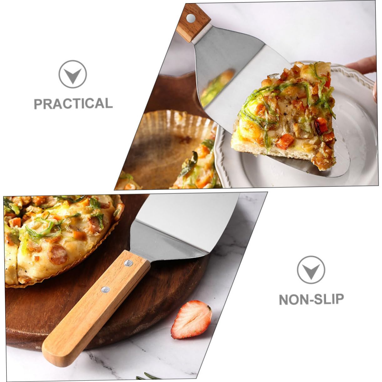 2Pcs Stainless Steel Pizza Server with Wooden Handle Metal Spatula for Kitchen Use Cake Slicing and Pizza Serving Nice Quality Kitchen Utensil