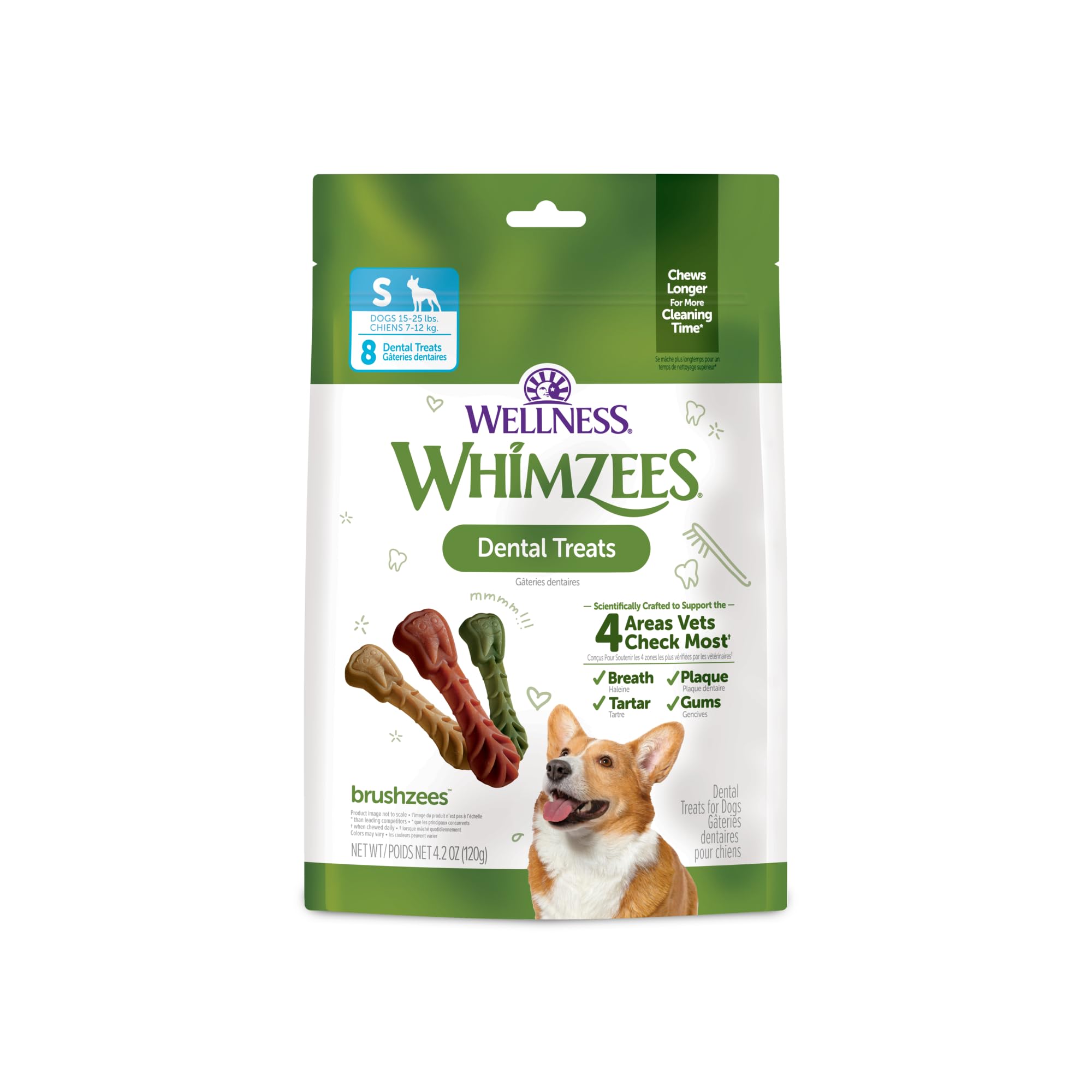 Wellness WHIMZEES Brushzees Natural Dog Dental Treat, VOHC Accepted Chews, Freshens Breath, Small Size, 4.2 oz Bag, 8 Count