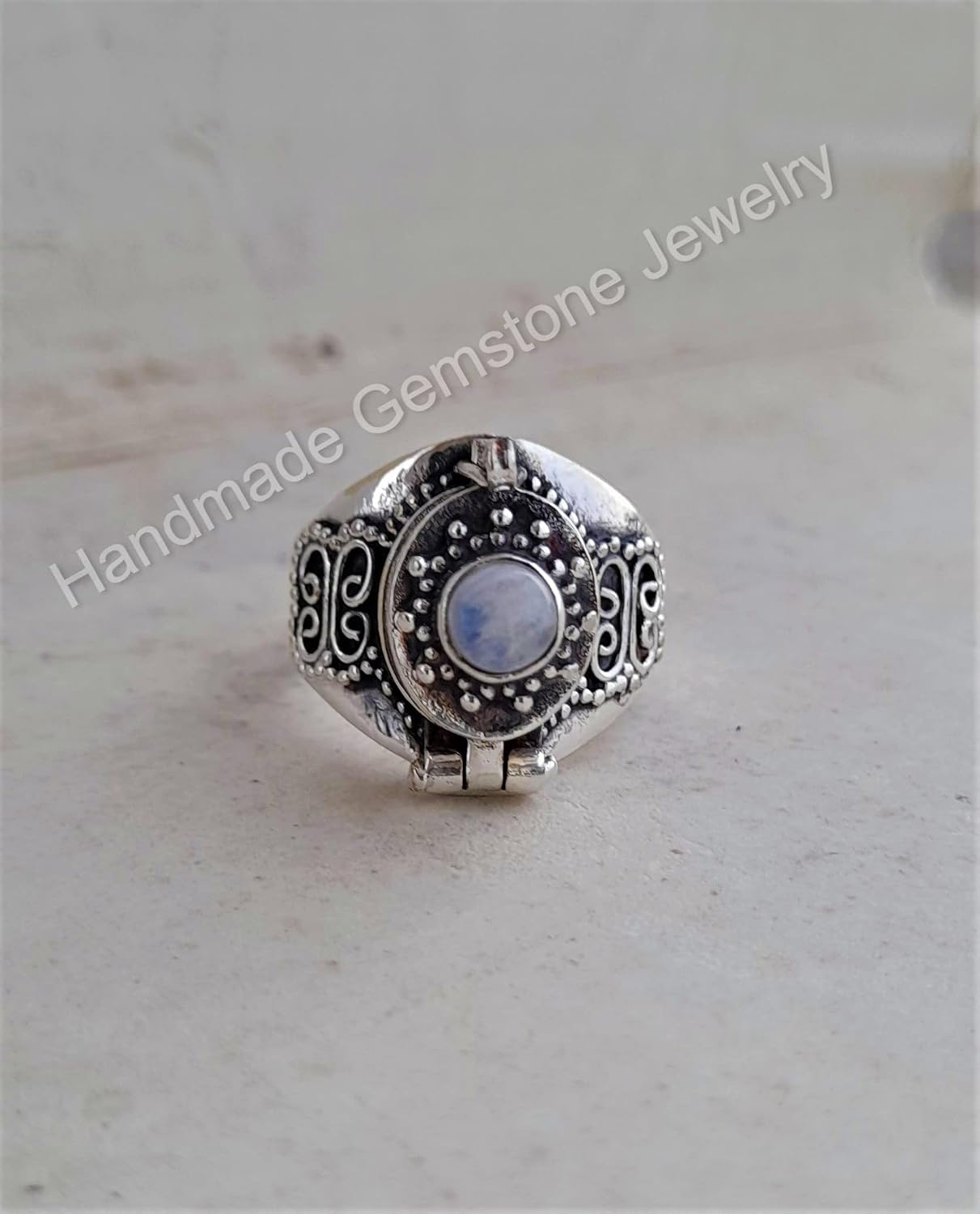Rainbow Moonstone Ring, Blue Flash Ring, Poison Box Ring, Round Stone Ring, June Birthstone Ring, Artisan design Ring, Poisoner Ring, Pillbox Ring, Antique Poison Ring, Openable Ring