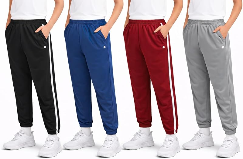 RBX Boys Sweatpants, 4-Pack Tricot Joggers, Elastic Waist & Pockets | Soft Stretch Fabric, Reinforced Stitching, Tapered Cuffs for Gym, Recess & School, Sizes 5 to 18-20 Big Kids