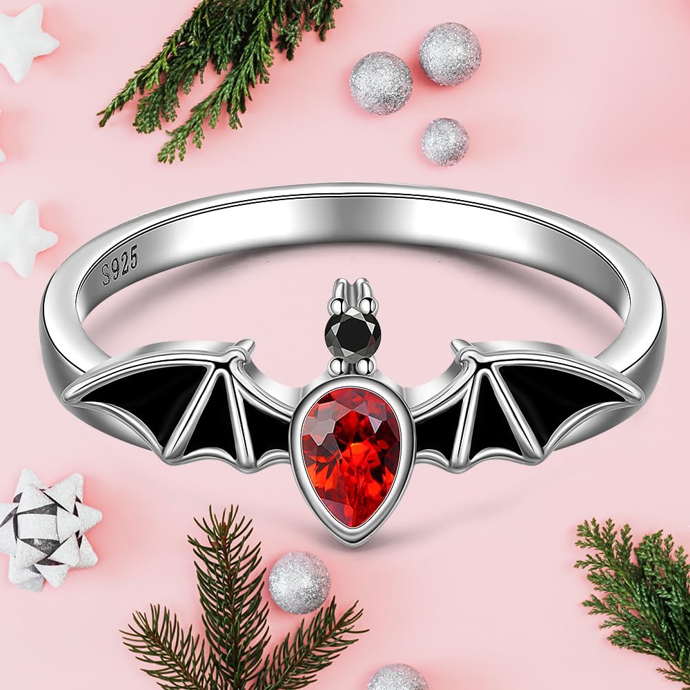 Halloween Rings Black Bat Ring for Women Sterling Silver 925 Gothic Vampire Witch Halloween Jewelry Band Holiday Christmas Gifts