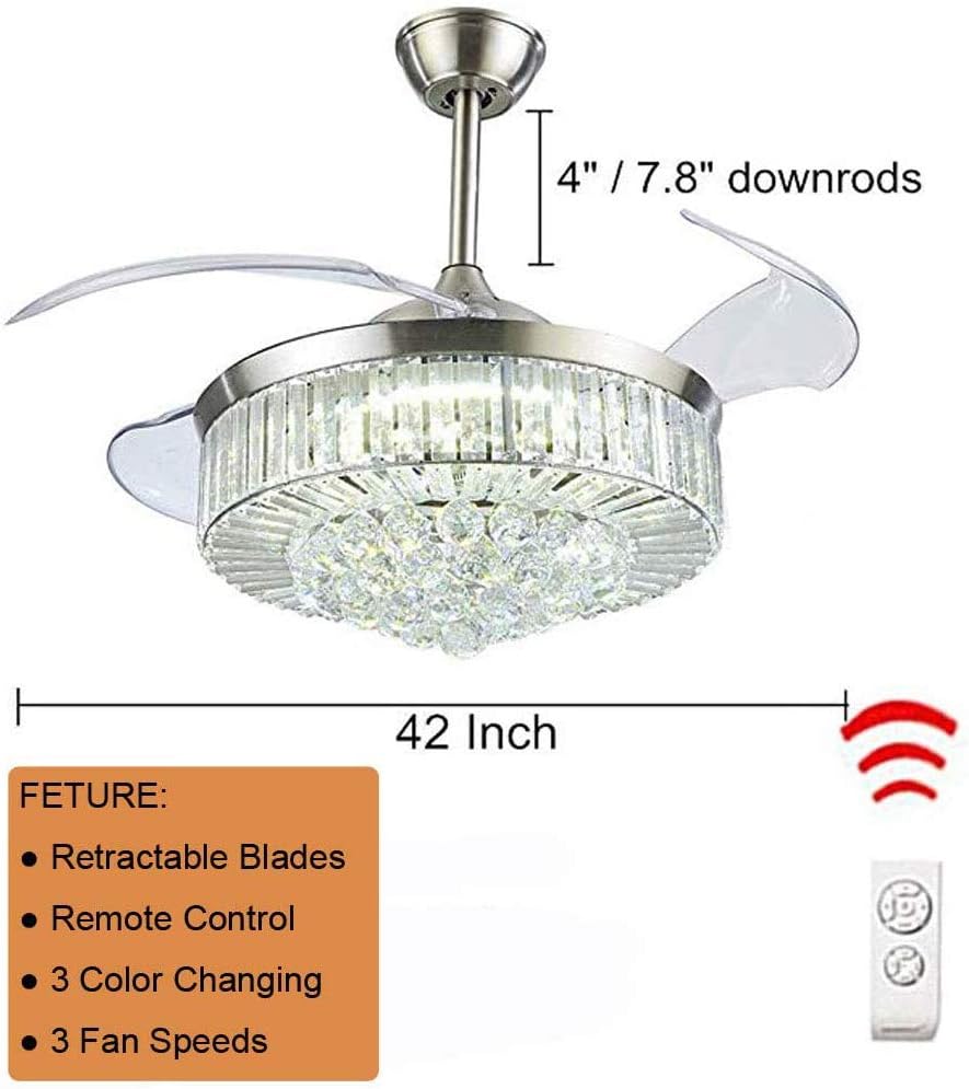 42 Inch Crystal Chandelier Ceiling Fan with Light and Remote Control, Modern Silent Retractable Blades Fans Lighting with 3 Lights Level and 3 Speeds for Dining/Living Room