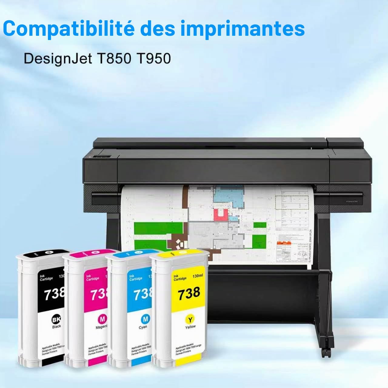 738 Cartouches d'encre 130-ml pour HP 738(BK/C/M/Y, Lot de 4)