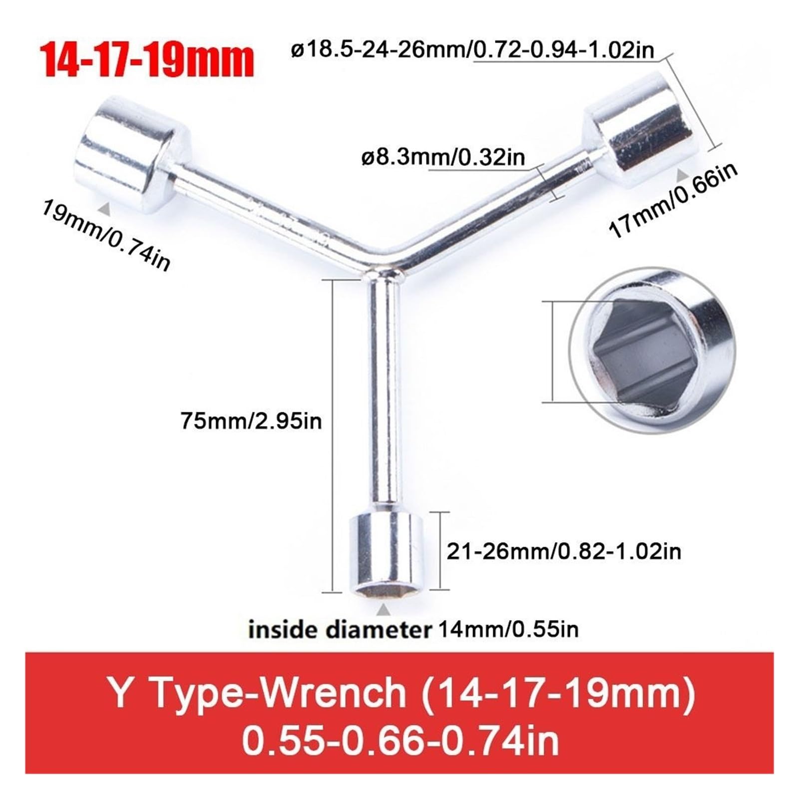 Llave de Vaso de 3 vías en Y 1 Juego de Llaves de Tubo Triangulares de 8, 10 y 12 mm for Bicicleta, Tipo Y, de Acero al Cromo vanadio multiestándar(14-17-19mm)