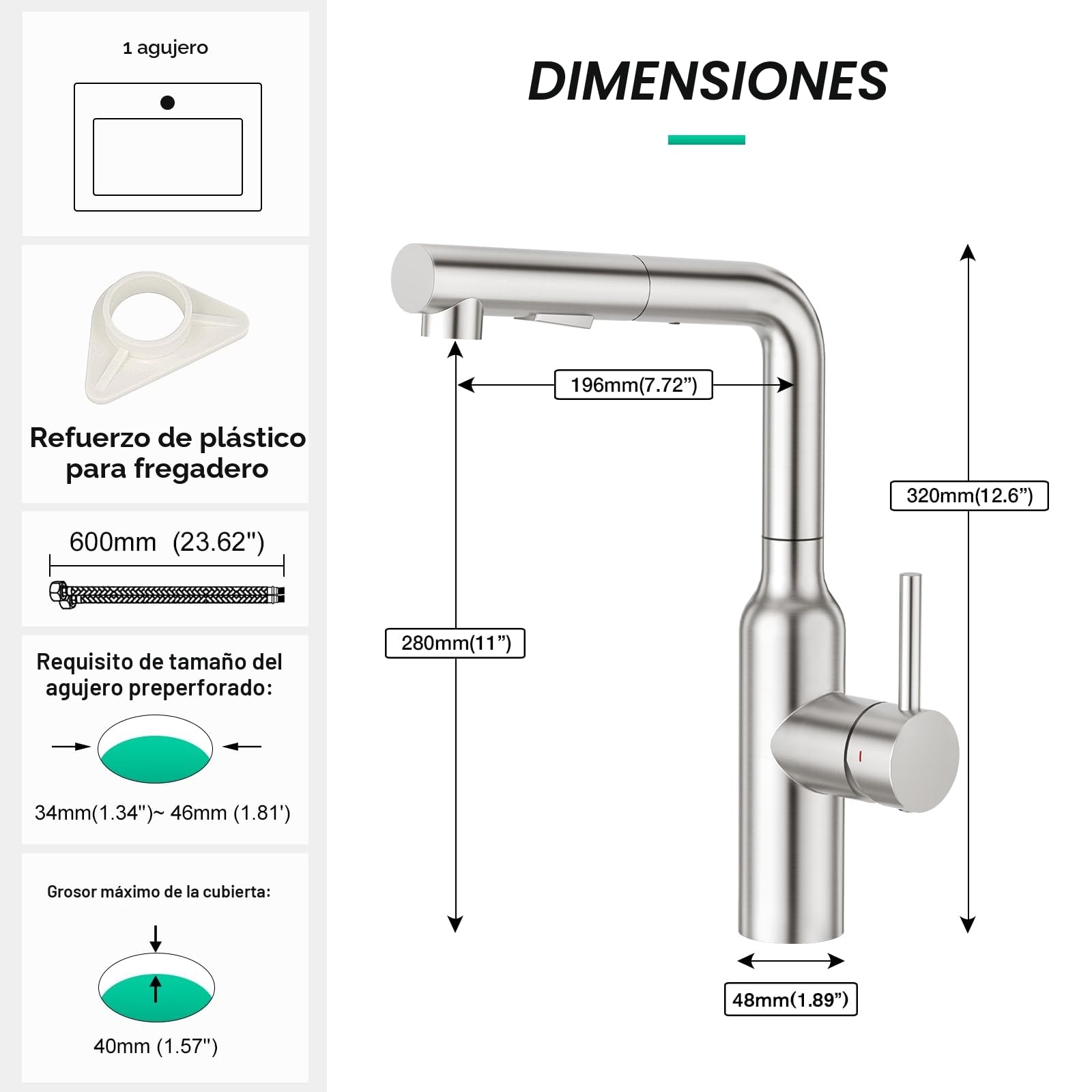 CREA Grifo Cocina para Fregadero con Ducha extraíble, Mezclador Monomando, cepillado
