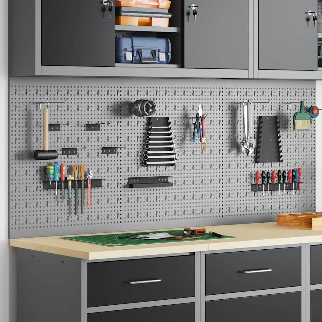 Pannello da parete per attrezzi, grigio in legno e acciaio, 150 x 1 x 60 cm, set da 3 pezzi, per officina, garage, cantina, montaggio a parete e salvaspazio, per attrezzi e piccoli pezzi