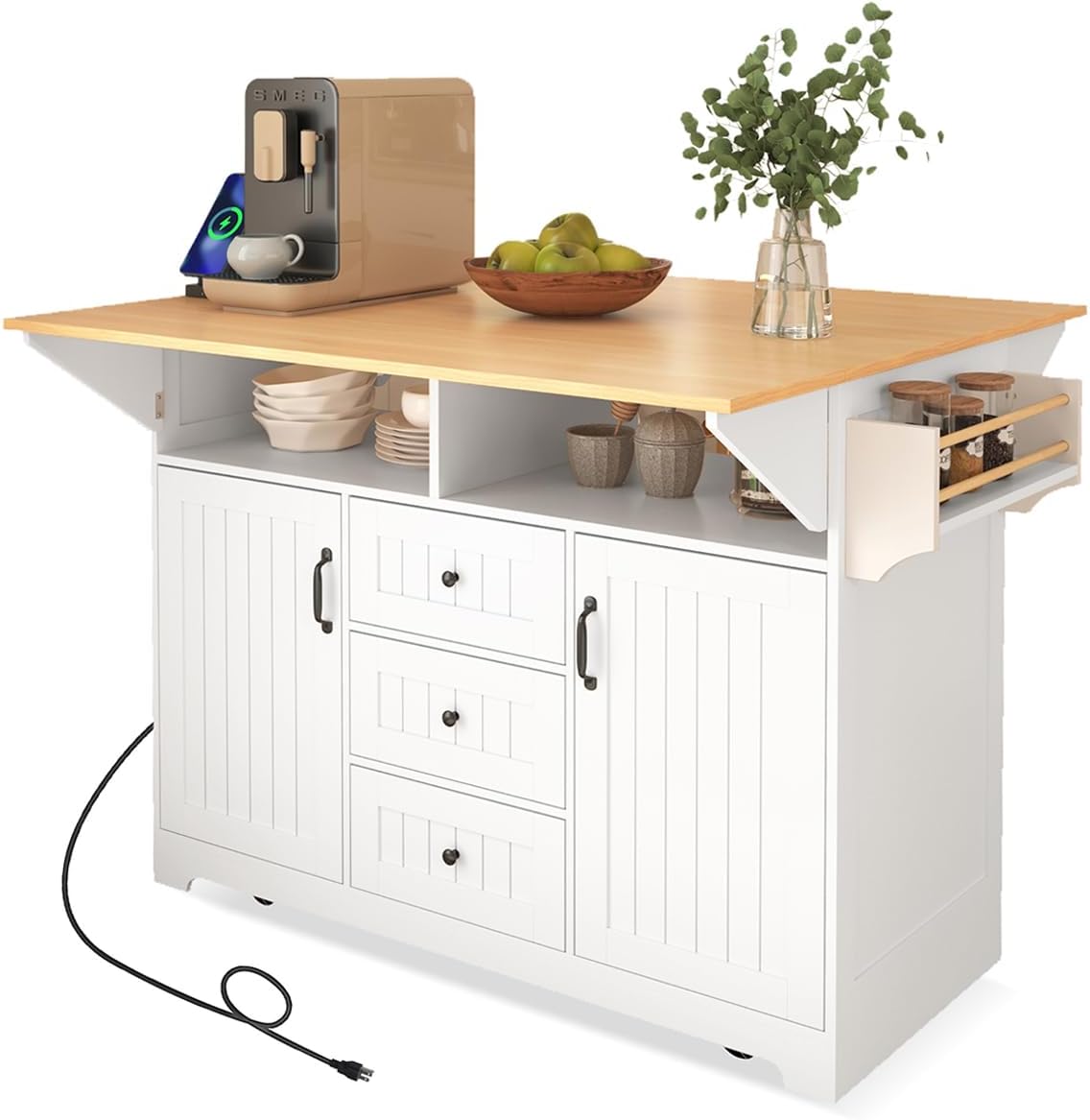 Bennbari Rolling Kitchen Island with 2 Drop Leaf, Kitchen Cart on Wheels with Power Outlet, Mobile Kitchen Storage Cart, Folding Storage Dining Table, 55 Inch Width (White)
