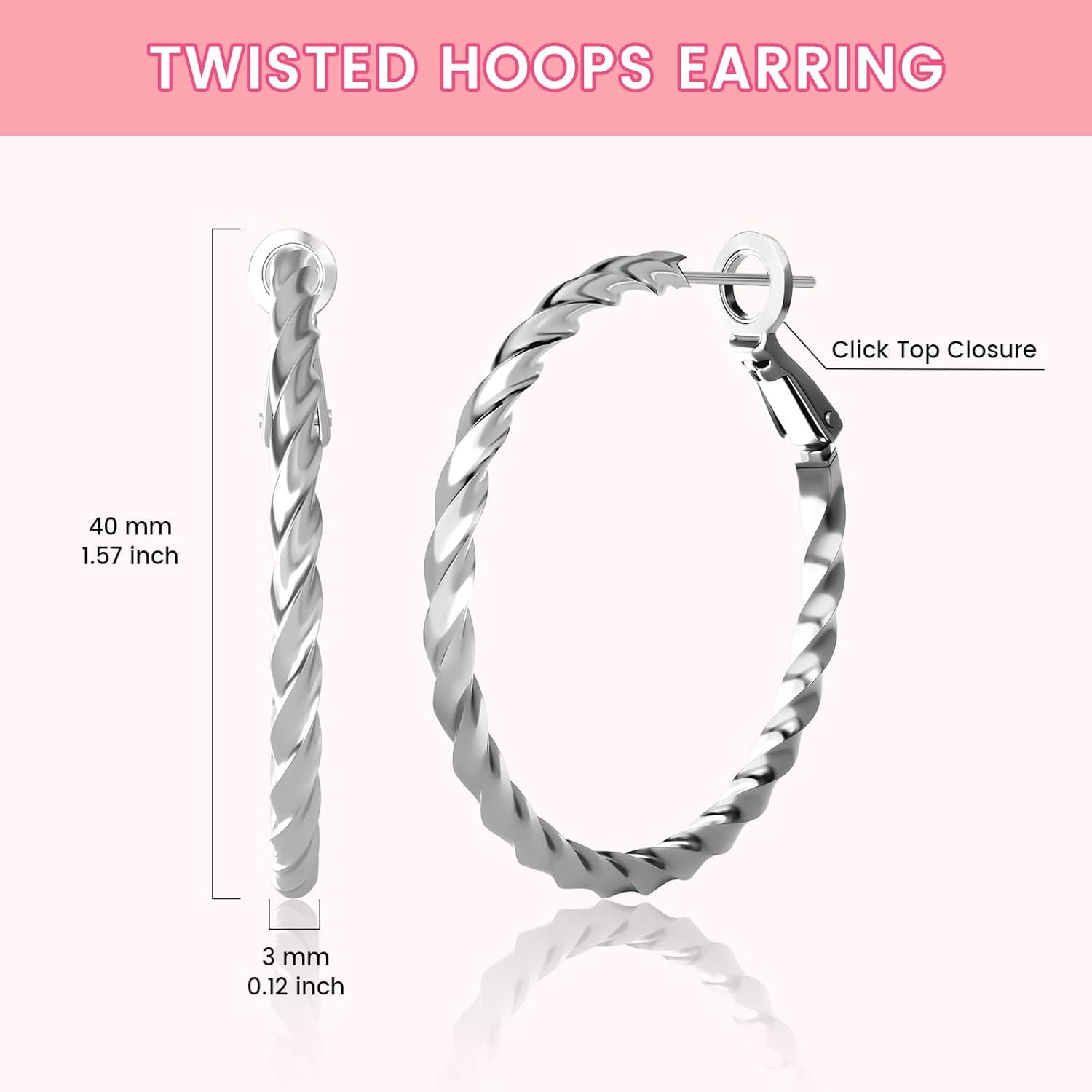 Silver Twisted Hoop Earrings for Women, Hypoallergenic Nickel-Free Lightweight 40mm Click-Clasp Hoops, Sparkling Jewelry Gifts for Her, Mom, Girlfriend on Valentine's Day, Birthday - Image 4