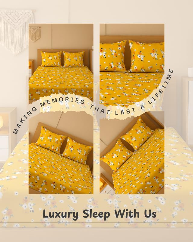 Image of NEW LEAF 320 TC Cotton All Around Elastic Fitted Printed Bedsheets King Size, Premium Fitted Bedsheets King Size for Double Bed with 2 Pillow Covers, Size- 78 inch x 72 inch Yellow