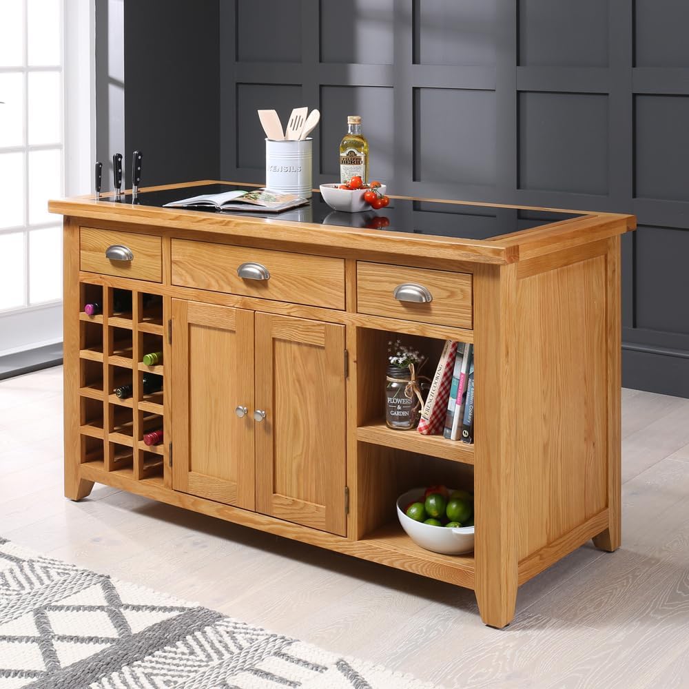 The Furniture Market Cheshire Oak Large Kitchen Island with Black Granite Top - Ample Storage with Drawers & Cupboards, Stylish Design, Ideal for Kitchen Organization - H 865 x W 1400 x D 670mm