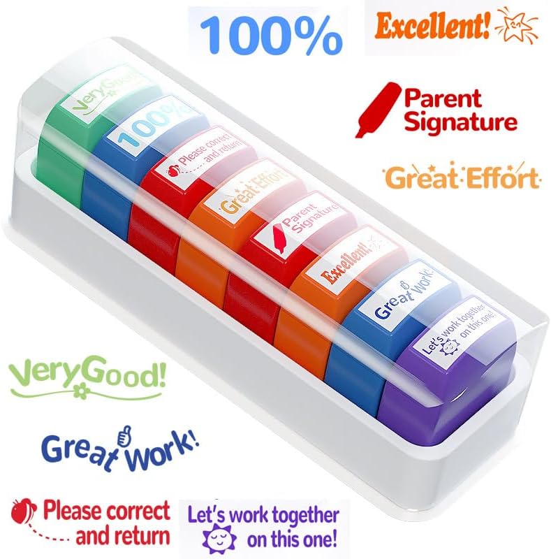 Khazna ﻿Rectangular Teacher Stamps for Grading Classroom, Parent Signature Teacher Self-Inking Set Stamps for Homework Teacher Supplies with 8 pcs