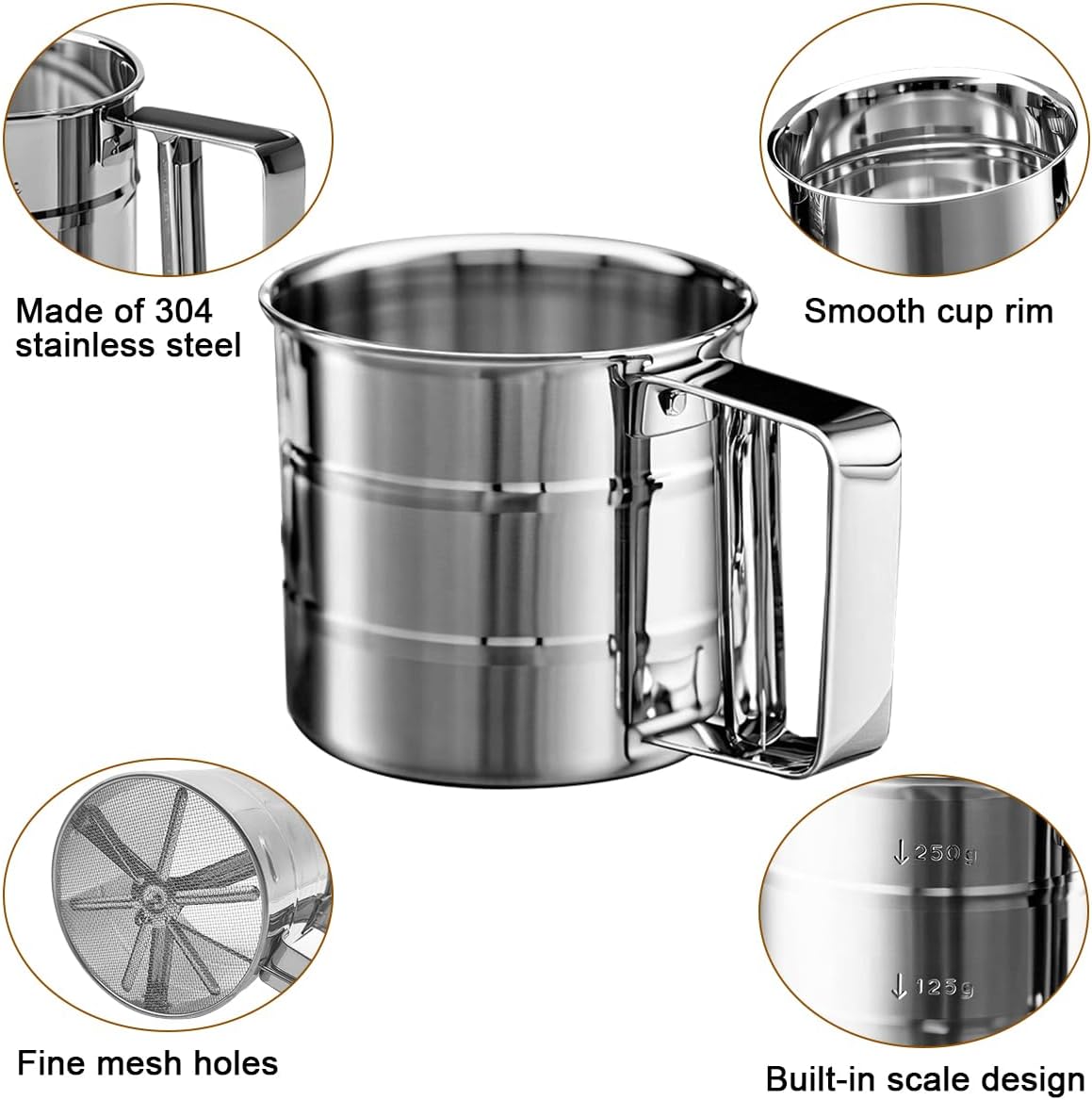 Silver Flour Sifter Baking Tool Set, DLAND Stainless Steel 4-Piece Kit with 10" Whisk, Dough Scraper & 5 Measuring Spoons, Mirror Polished, Easy to Clean, for Cake Bread Cookie Prep