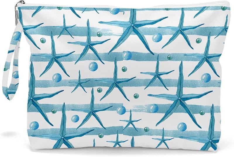Fokongna Necessaire com Zíper e Alça, Bolsa para Itens Úmidos e Secos com Estampa de Conchas e Estrelas-do-mar, 30 x 22 x 5,08 cm