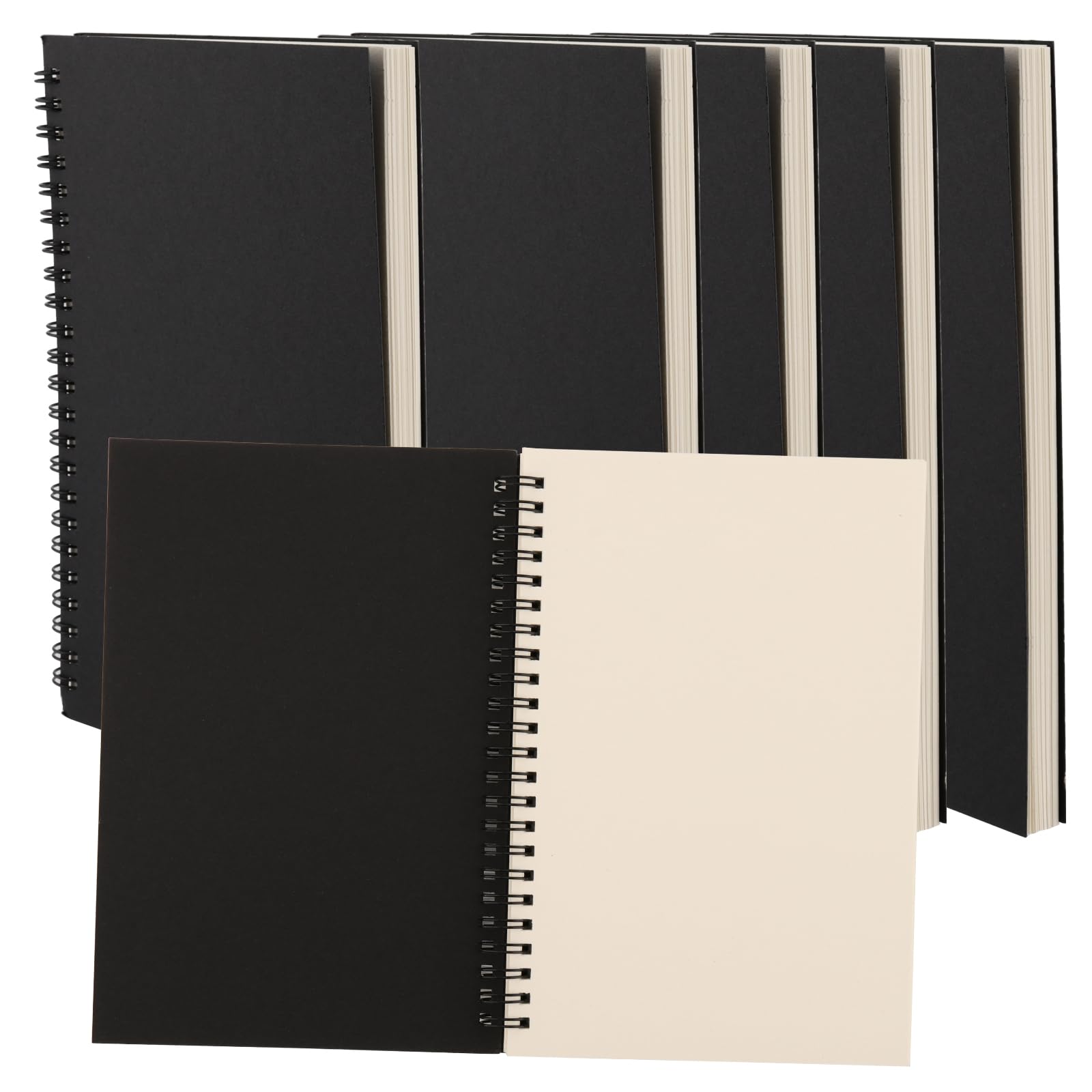 Hakzeon Black + Cream Color 6 Pack 100Gsm A5 Sketchbook, 60 Sheets/120 Pages Black Kraft Cover Spiral Bound Sketchbook, Blank Sketch Pad For Memos, Painting, Writing, Drawing, Travel