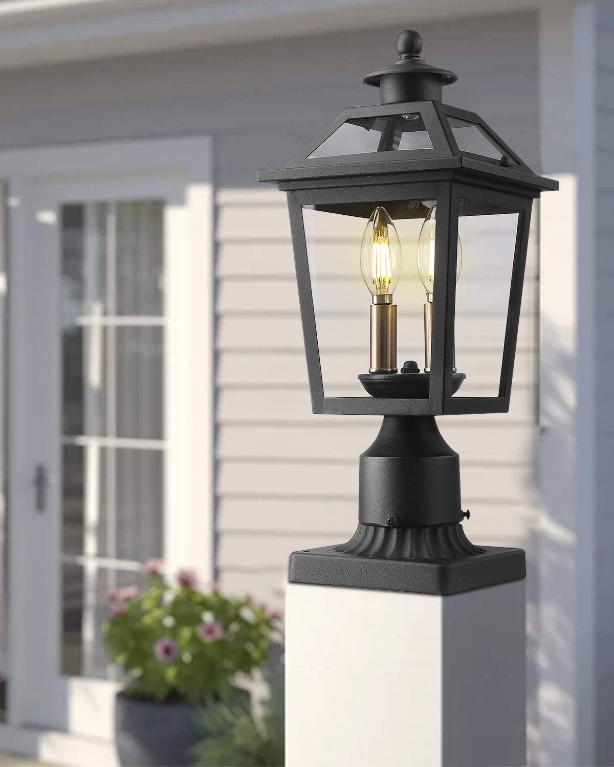 Beionxii Outdoor Post Lights, 18" H Exterior Lamp Post Light Pillar Lantern w/ Pier Mount Base, Black Cast Aluminum w/ Clear Glass - A329P-2PK