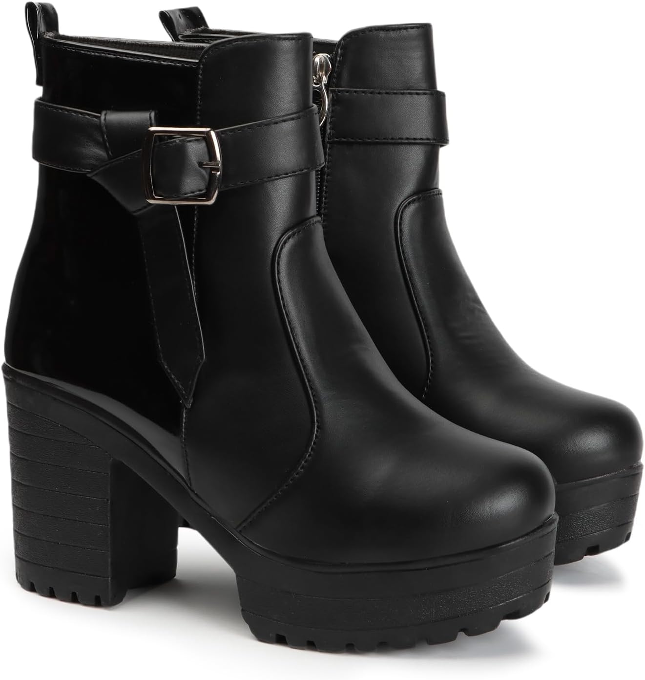 Women's Round Toe Ankle Boots Buckle Zipper Chunky Block Heel Boots for Women