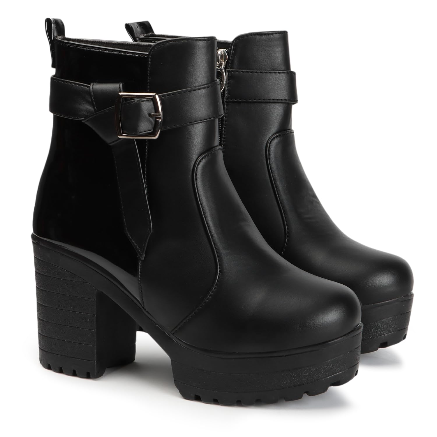 Women's Round Toe Ankle Boots Buckle Zipper Chunky Block Heel Boots for Women-image-19