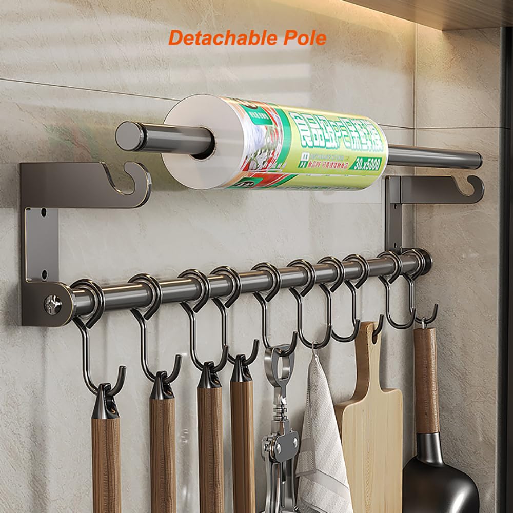 LNGFSH Porte Ustensiles Cuisine, Support Ustensiles Cuisine Aluminium, No-Punch Porte Casserole Mural, Multi-Purpose Twin Bar Barre Cuisine Ustensile (Gris,avec 8 Crochets 40cm