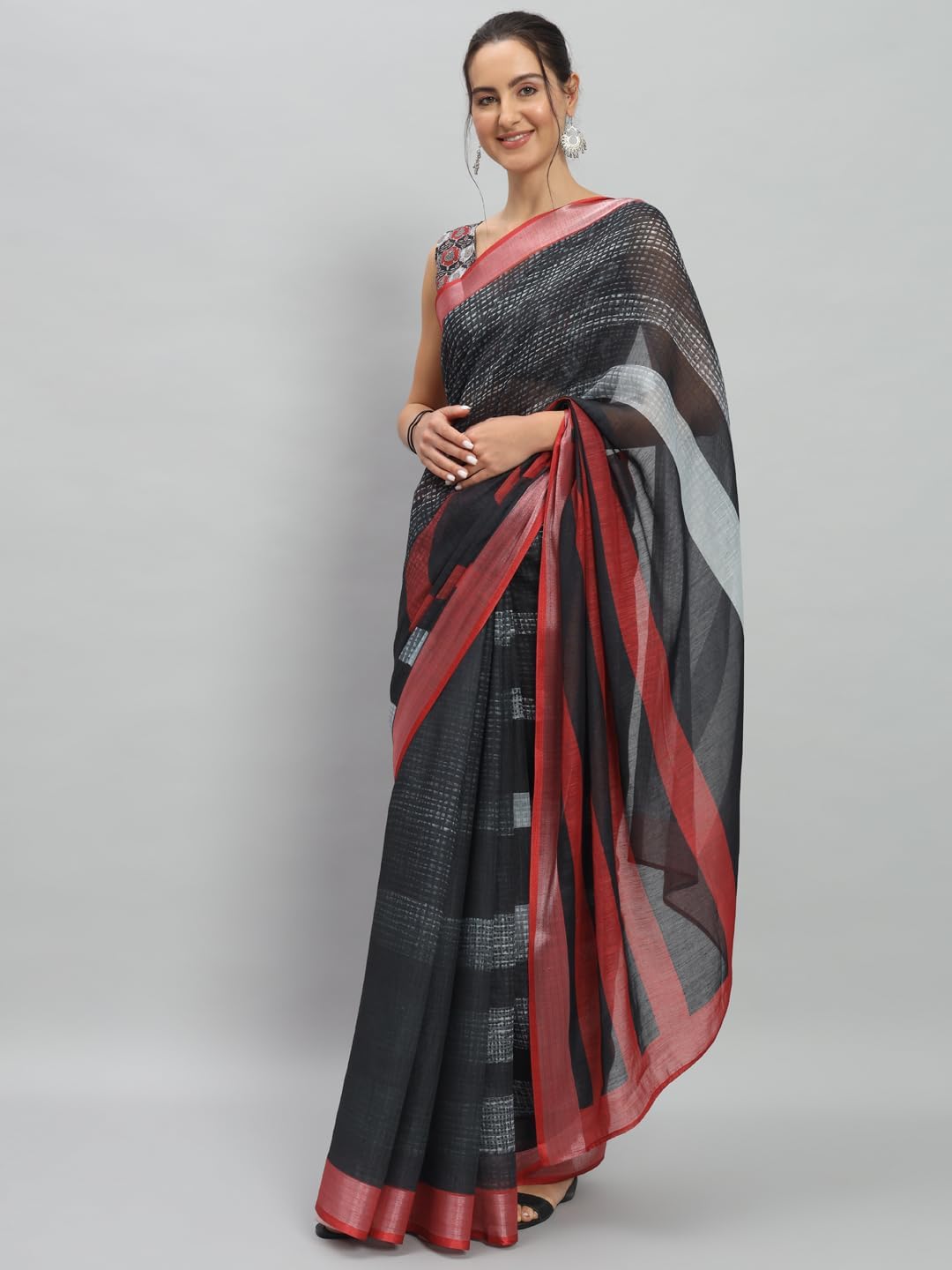 Art Face Prints Handloom Linen Cotton Ready To Wear Saree