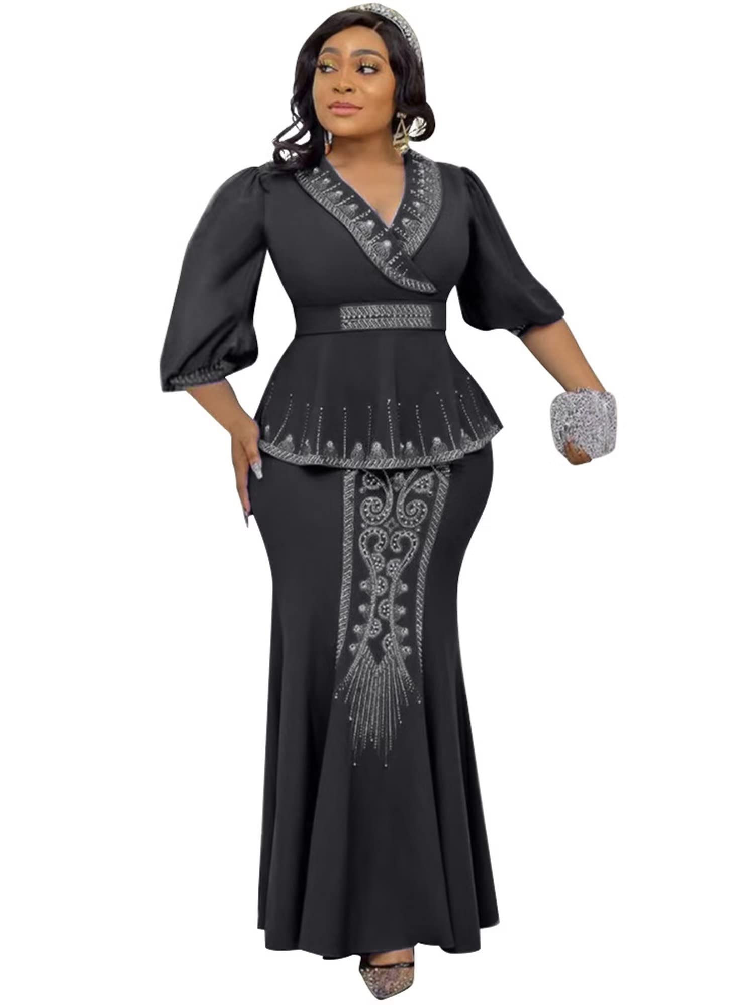 Mermaid Two Pieces Formal Dress for Wedding Guest Puffy Long Sleeves Beaded V Neck African Dresses