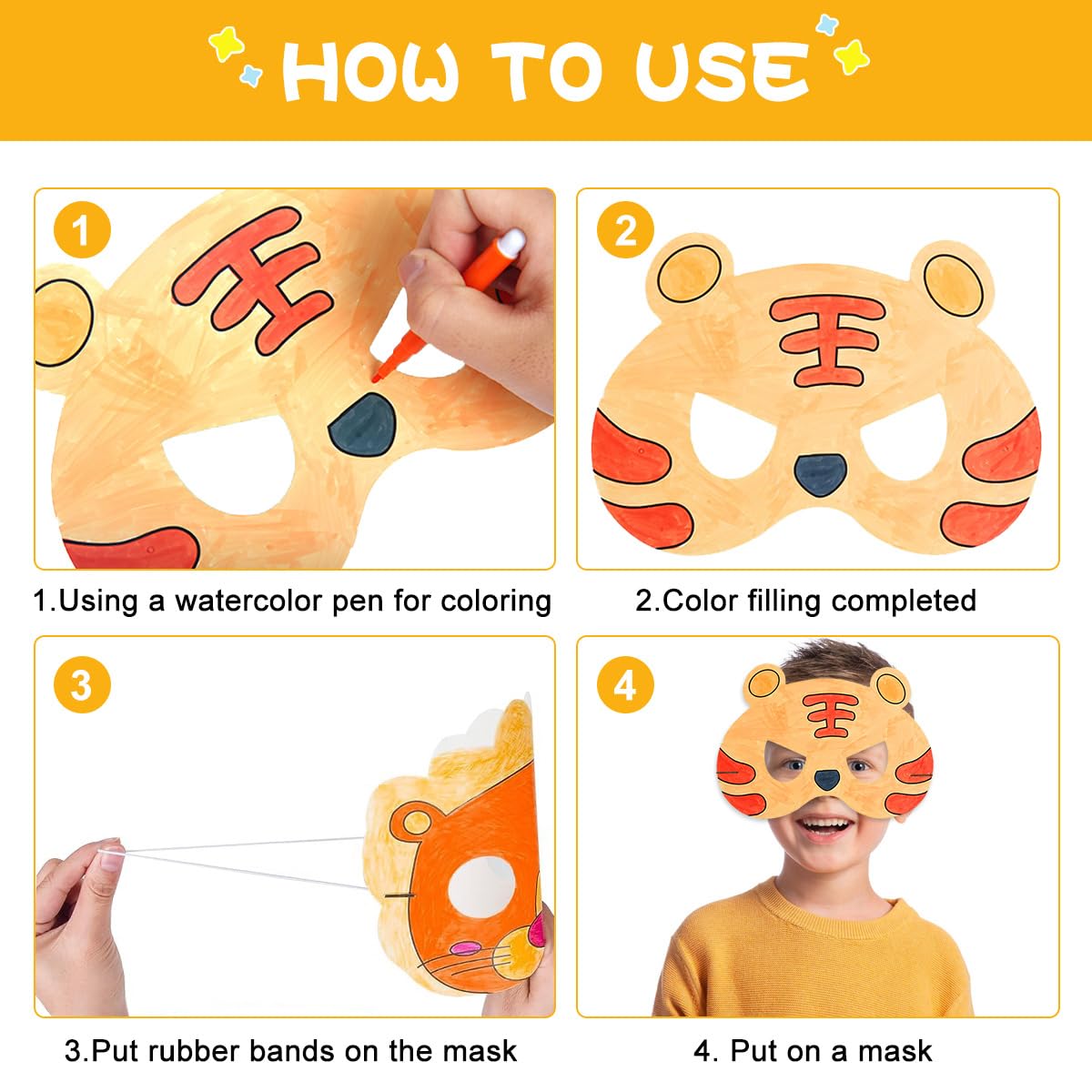 VLUVLA 32PCS Animal Masks for Kids, DIY Colouring Craft Kit with 32 Blank Masks, 24 Watercolor Pens, 32 Elastic Cords & 4 Sample Sheets, Jungle Safari Party Activity Set - Image 3