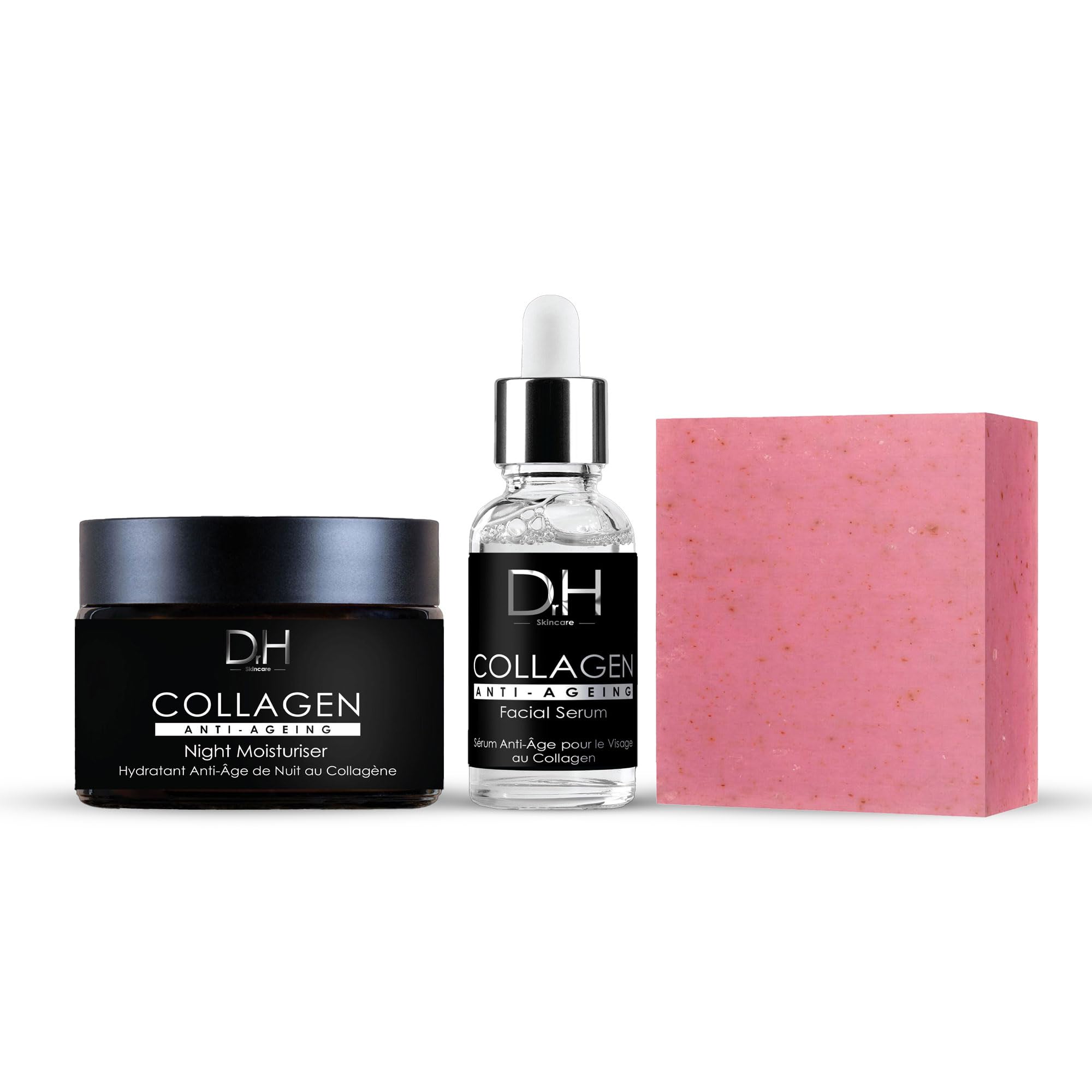 Dr H Collagen Anti-Ageing Night Moisturiser, Facial Serum, Cleansing Bar Skincare Set | Hydrating & Firming Skincare Kit | Collagen, Peptides, Aloe Vera, Luxury Skincare Set Spa Quality