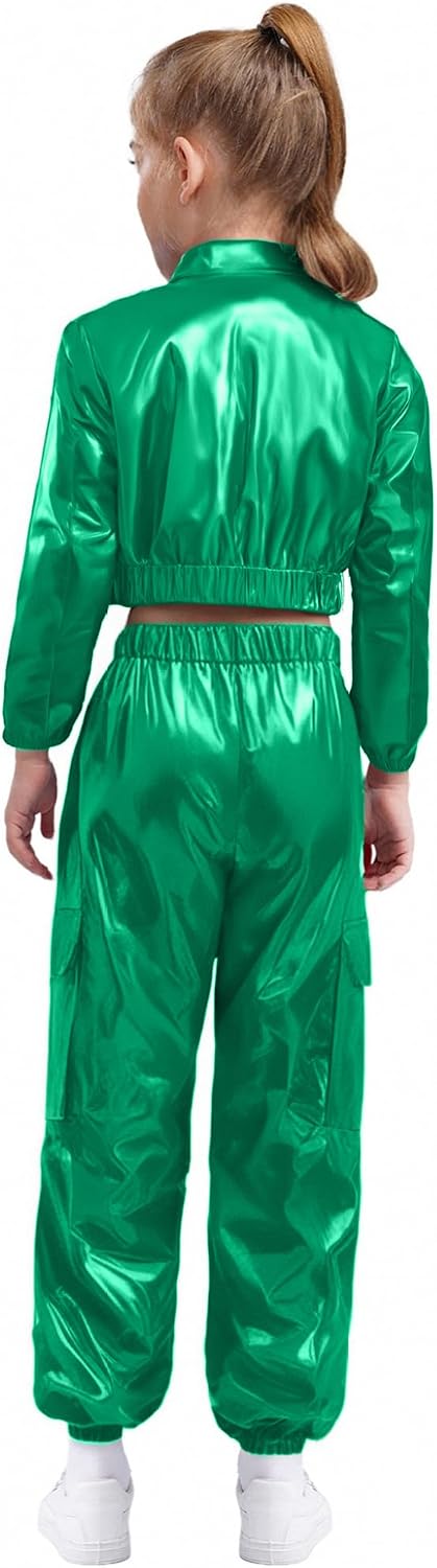 Boys Girls 2Pcs Tracksuit Shiny Metallic Dance Outfits Long Sleeve Jacket with Pants Set Hip Hop Jazz Dance