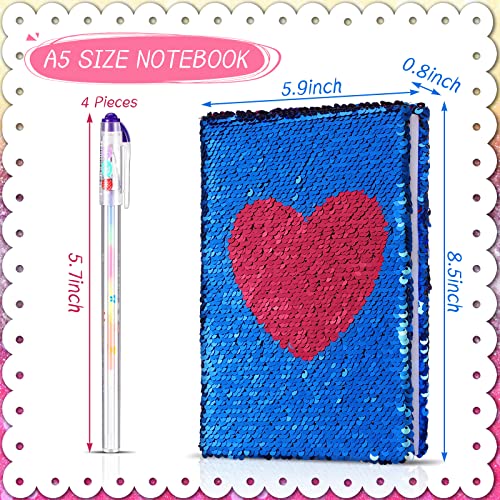 Image of Outus 4 Pcs Sequin Girls Journal Valentines Journal Gift with Color Gel Ink Pens Glitter Notebook Flip Writing Diary for Kids Girl Writing Drawing Travel Gifts(Blue Rosy,Heart)