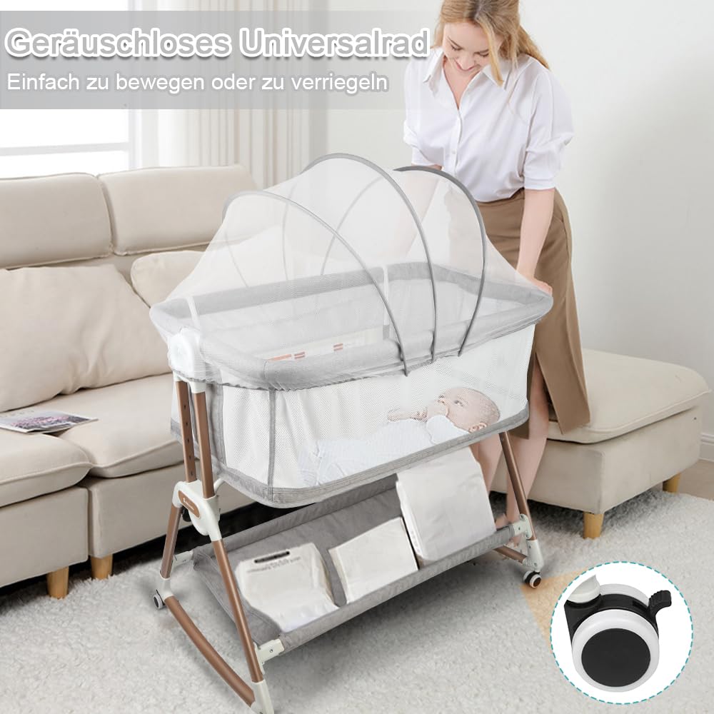 homewell 3 in 1 Babybett, Beistellbett Baby & Stubenwagen, Verstellbarer Co-Sleeper, Höhenverstellung und Einstellung der Neigung der Matratze, 4 Räder mit Bremse