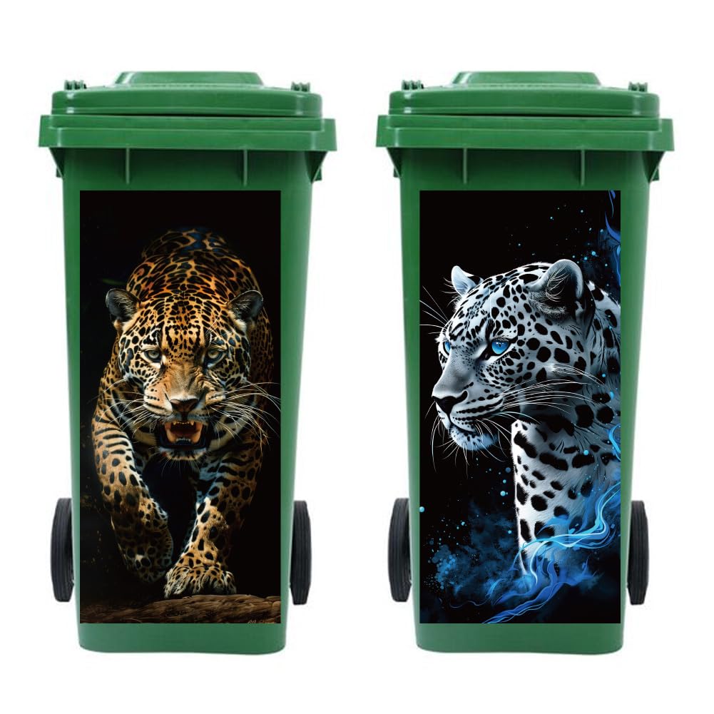 Peacoblue Wheelie Bin Stickers 2 Sheets Leopards Sticky Dustbin Stickers Decals, 15in x 32in Waterproof Self Adhesive Large Wraps for Bins, Fridge, Wall Outdoor Indoor Patio Decor, Home Decoration