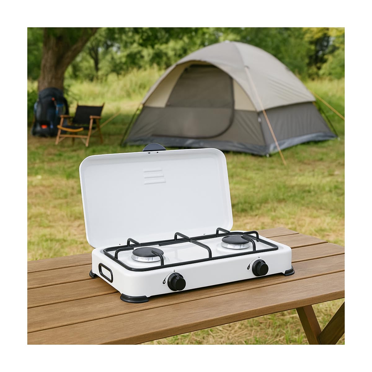 INTEC - Réchaud à Gaz 2 Feux 3200W, Brûleurs en Fonte Amovibles. Plaque de Cuisson Mobile avec Couvercle de Protection. Compatible Gaz Butane/Propane pour Camping et Jardin.