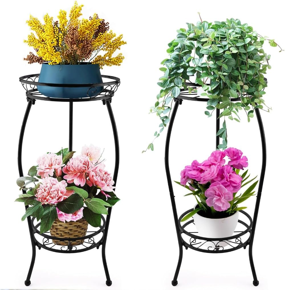 Kx9Lb8d Flower Display Stand 2 Pack Tier Metal Plant Stands Indoor Outdoor, Tall Wrought Iron Flower Pot Shelf for Multiple Plants, Corner Holder for Planters