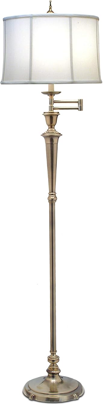 Floor Lamp - Swing Arm Reading Directional - Off White Camelot Shade - Burnished Brass - LED E27 60W Bulb