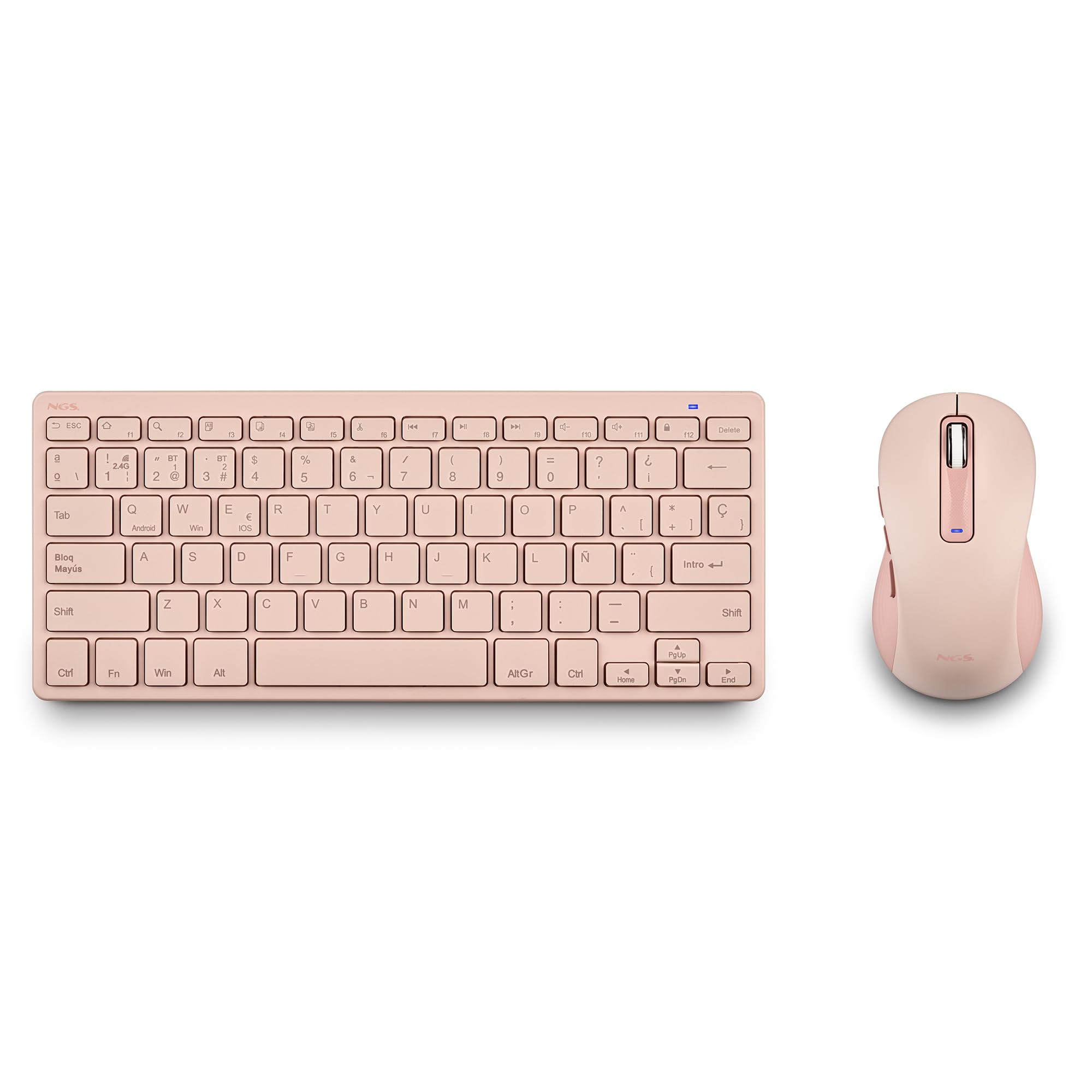 NGS Fantasy Kit Pink – Tastiera e mouse wireless spagnolo QWERTY, silenzioso ricaricabile, multimodalità 2.4 GHz e Bluetooth, 12 tasti multimediali, DPI regolabile, colore rosa