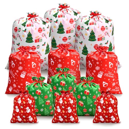 Christmas Drawstring Gift Bags Assorted Reusable Fabric Gift Wrapping Bags for Gifts Xmas Party Holiday Favors(12 Pcs 4 Sizes)