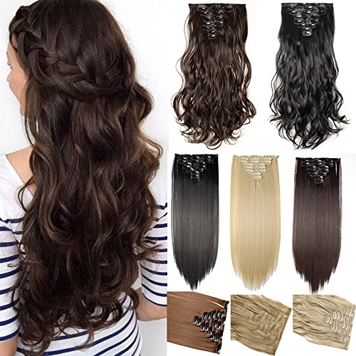 Clip in Hair Extensions 8 PCS 18 Clips 145G Thick Straight Curly Full Head Real Natural Synthetic Fibre Hairpiece 60 colors for Women Lady Girls(24 inch,medium brown-curly)