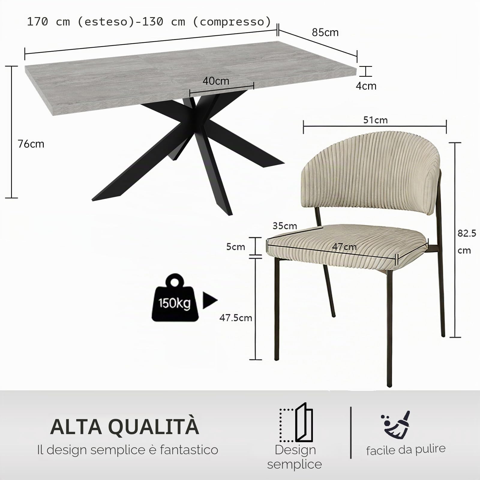 JIEXI Set di 6 tavoli da pranzo allungabili, 130 x 170 cm, 6 sedie in tessuto, superficie rettangolare in MDF e polvere di cemento, stile moderno e contemporaneo, per sala da pranzo e cucina
