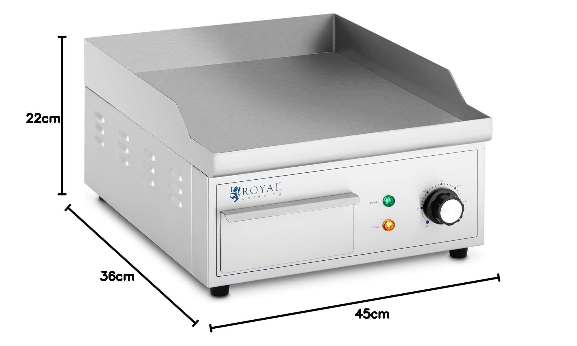 Royal Catering RCPG45-S - Padella elettrica 350 x 380 mm, piatta, 2000 W, griglia elettrica con parte superiore elettrica, griglia elettrica e piano cottura (acciaio inossidabile, ghisa)