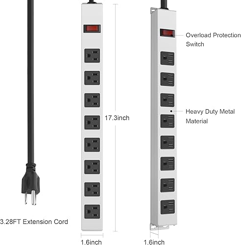 Miniatura 4 de JUNNUJ Regleta de alimentación de metal de 8 tomas, regleta de alimentación resistente montable, protector de sobretensiones de 1200 J, salida de
