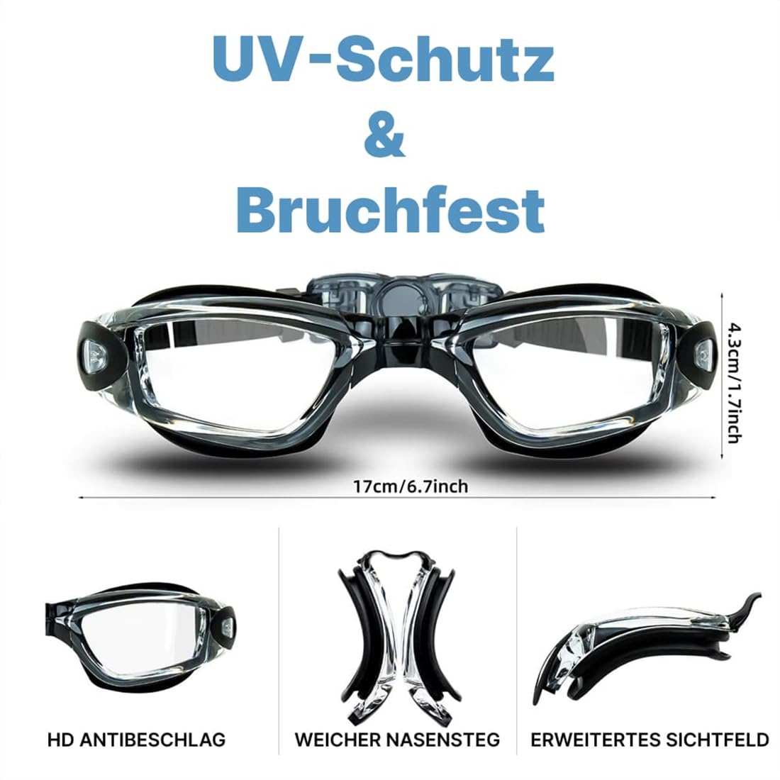 hydrinvis Beschichtete Schwimmbrille mit Ohrstöpseln und Nasenclip Für Damen & Herren – Anti-Beschlag & Wasserdicht, UV-Schutz