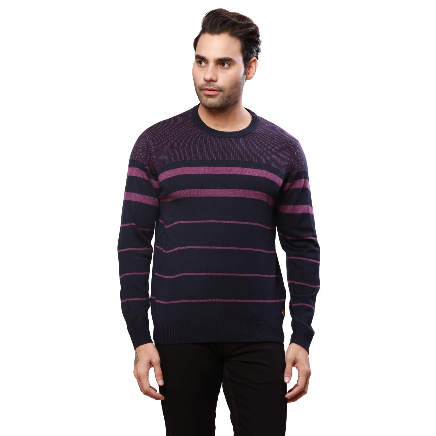 raymond Men's Regular Fit Acrylic Wool Blend Full Sleeve Round Neck Stripe Pattern Dark Violet Casual Sweater-picture-20