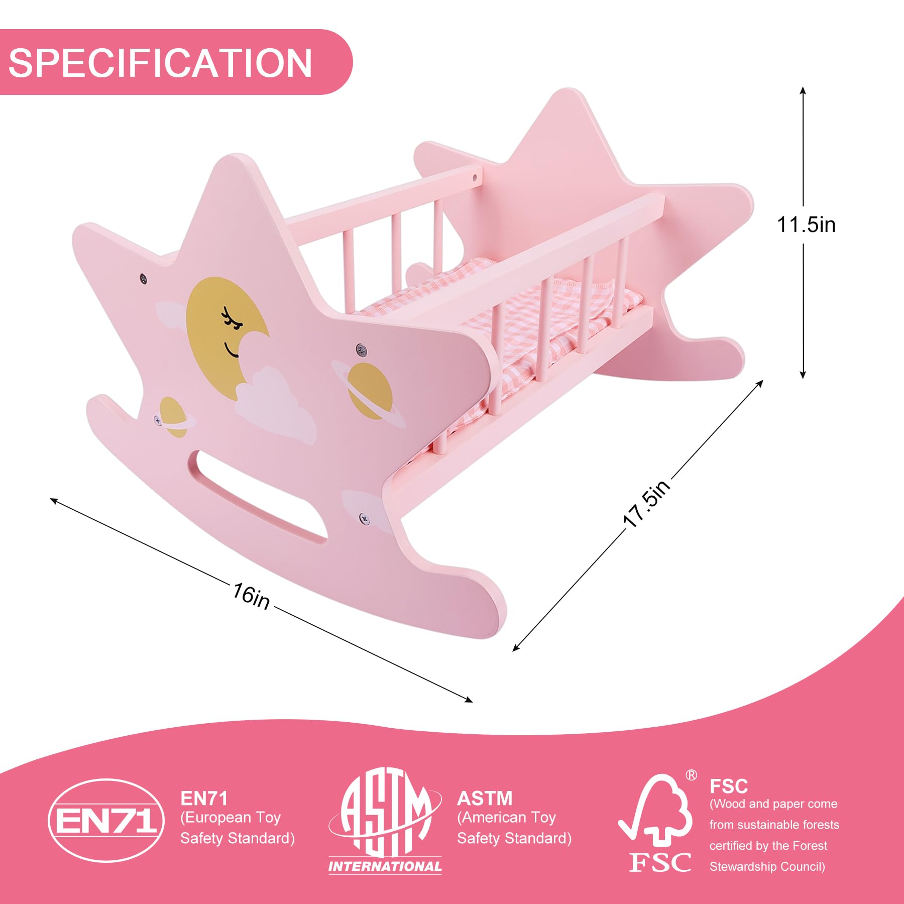 Offelec Wooden Baby Doll Crib Set, Pink Baby Doll Bed Toys, Rocking Baby Doll Cradle Accessories, Play Cradle for Dolls, Doll Furniture Accessories,Gift for Boys Girls Kids, Ages 3+