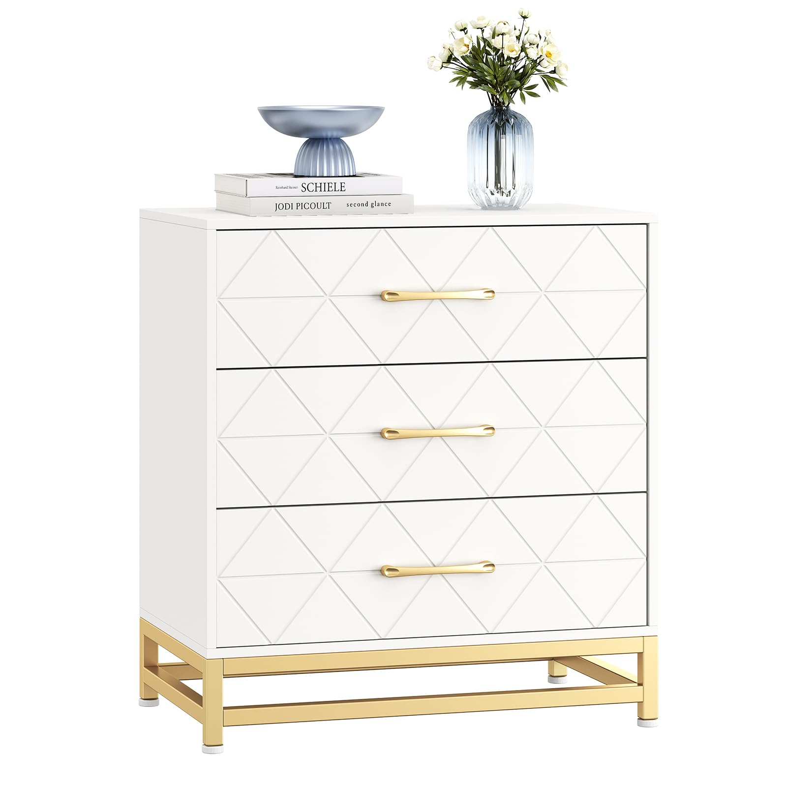 3 Drawer Dresser for Bedroom, Modern Wood Dressers Chest of Drawers with Storage, Wide Drawers Tall Nightstand Metal Handles, Wood Dressers, White