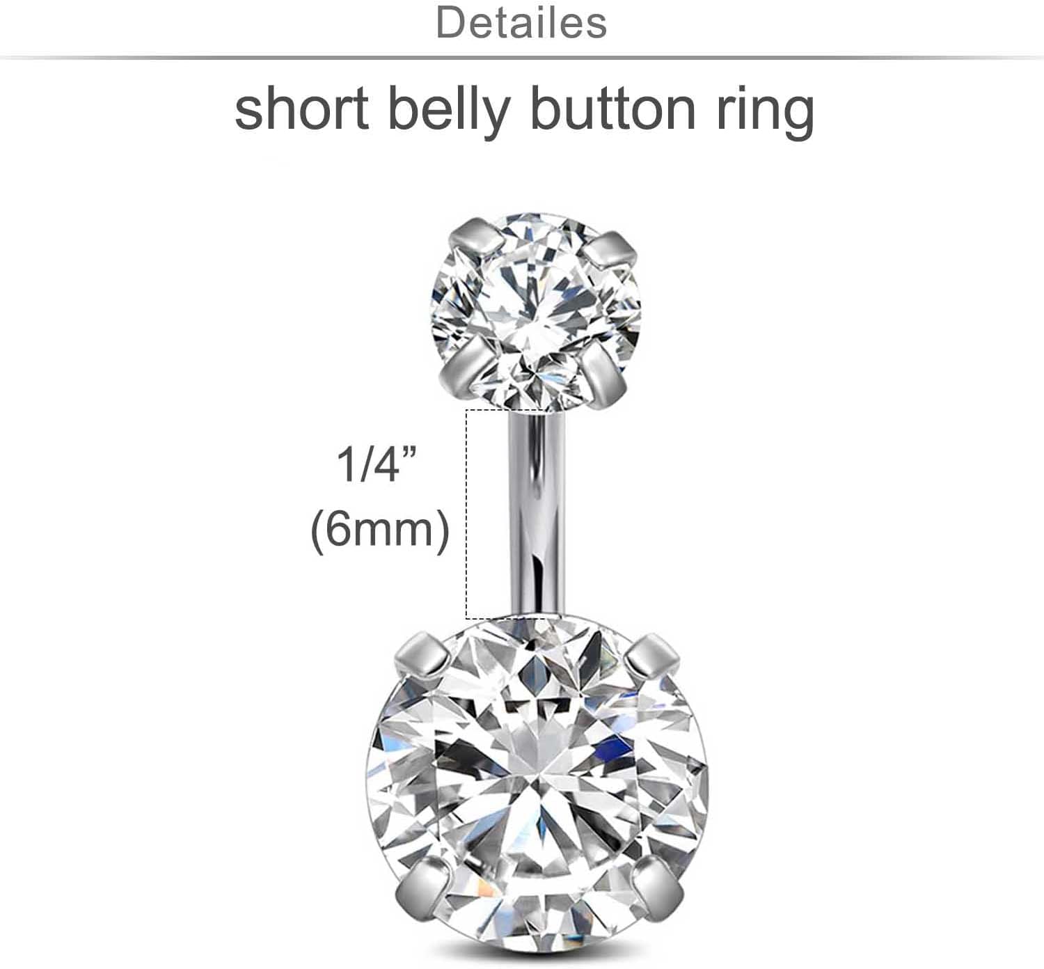 Longita Belly Button Rings Short Bar for Women Stainless Steel Belly Ring Navel Piercing Jewelry 14g Colorful Ball Pack 6mm 1/4” 8mm 5/16“ 10mm