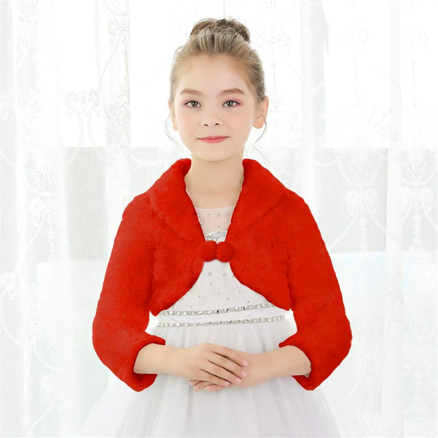 SK Studio Girls Princess Faux Fur Flower Bolero Shrug Party Wedding Dress Up - Image 3